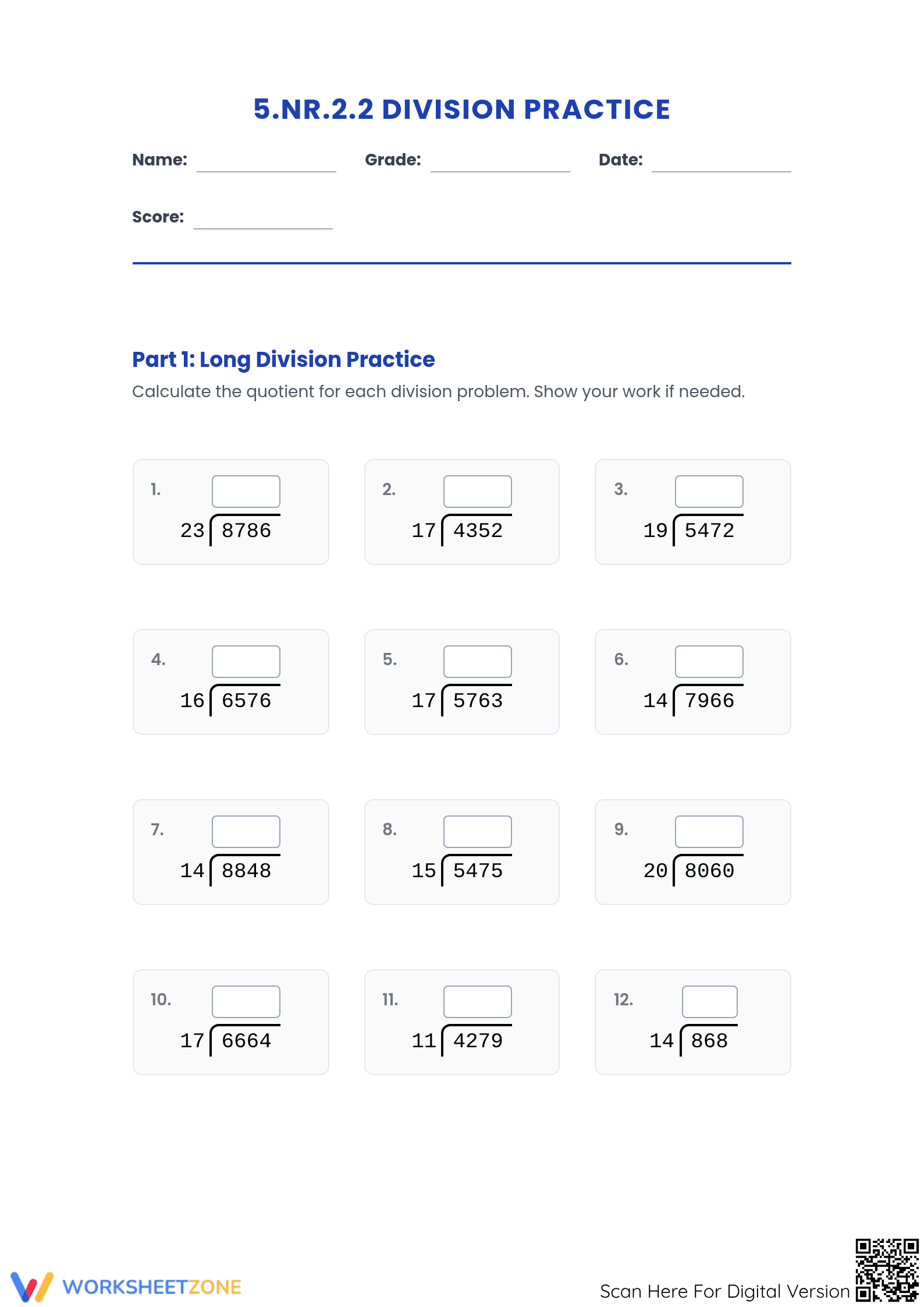 5.NR.2.2 Worksheet: Long Division — Grade 5 Aligned - Page 1