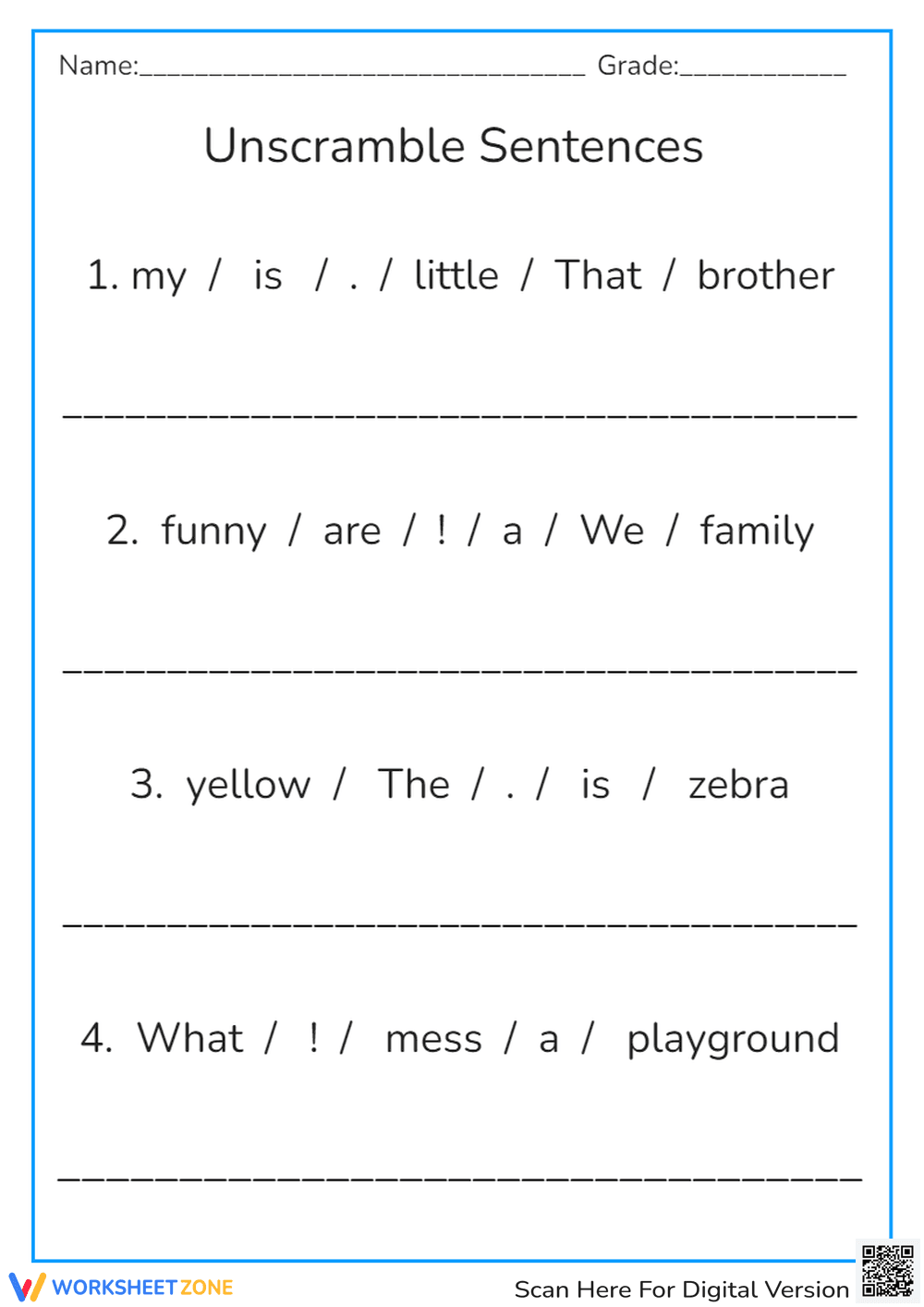 Unscramble Sentences Worksheet - Grammar & Punctuation Practice 1-3 - Page 1