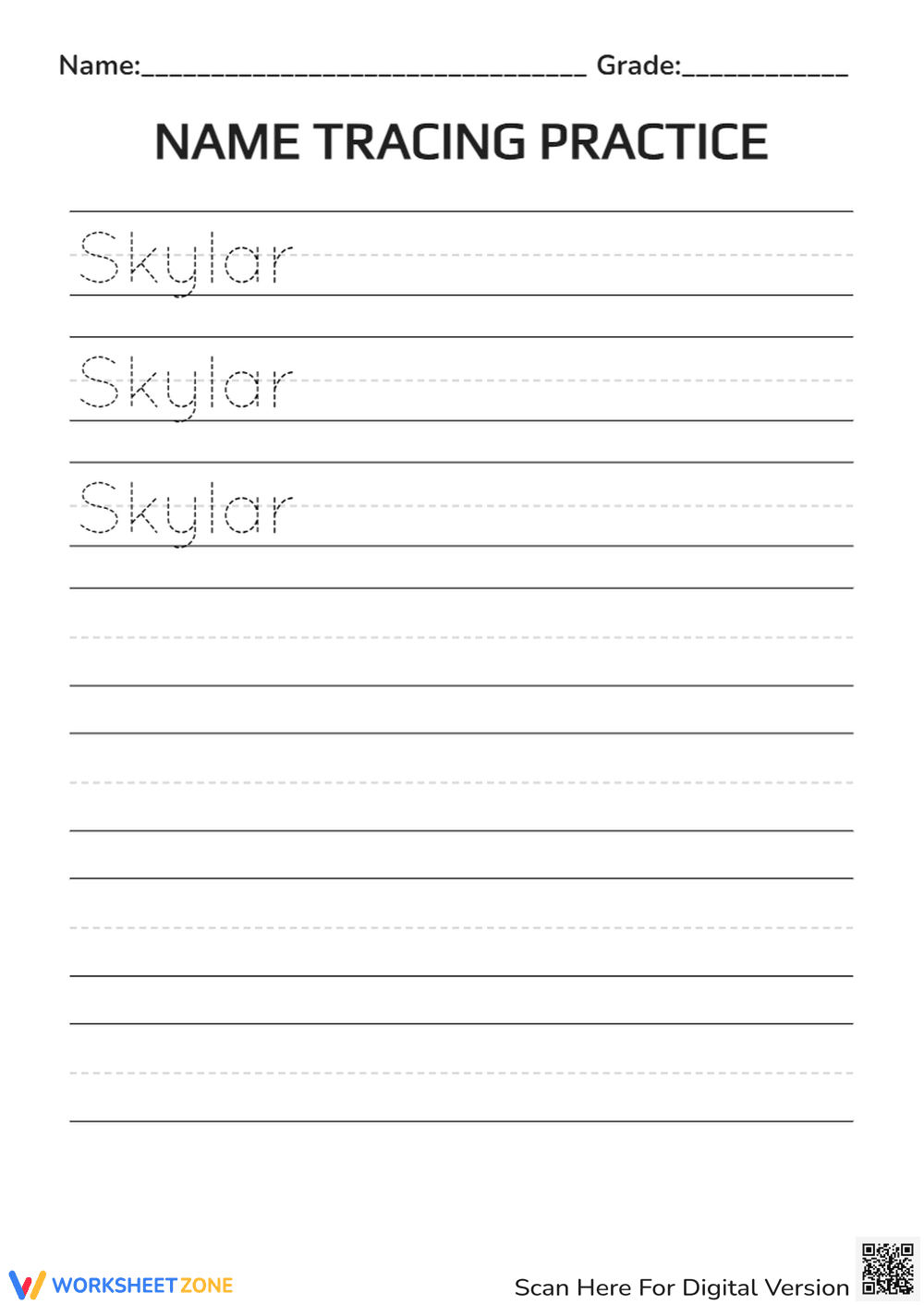 Skylar Name Tracing Practice | Grade K-1 Essential - Page 1