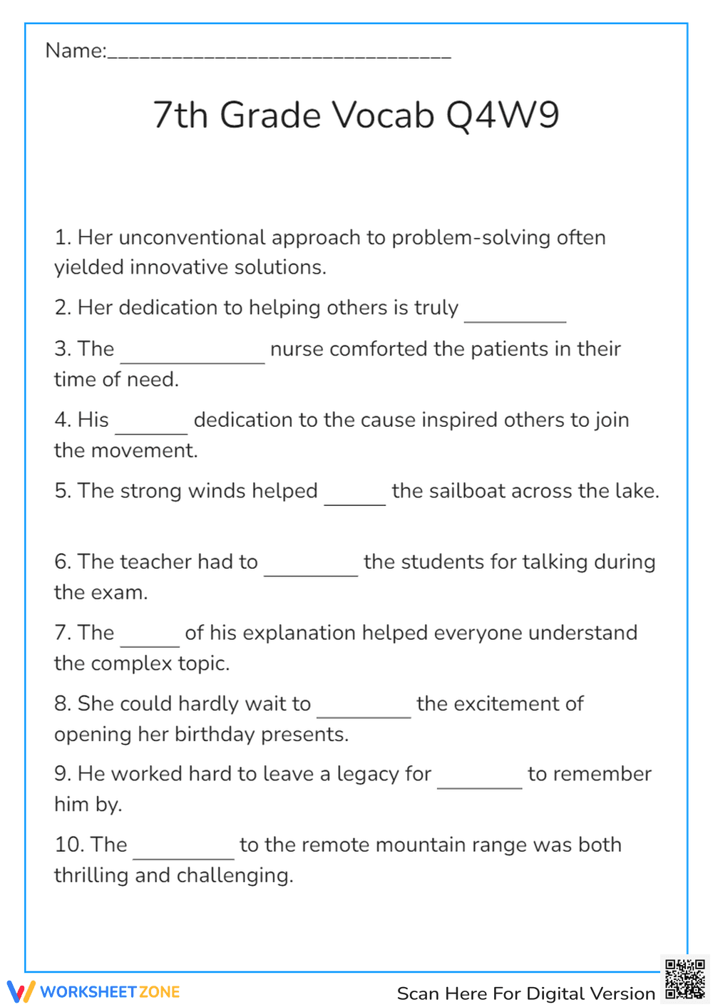 Grade 6 Vocabulary Context — Printable No-Prep Worksheet - Page 1