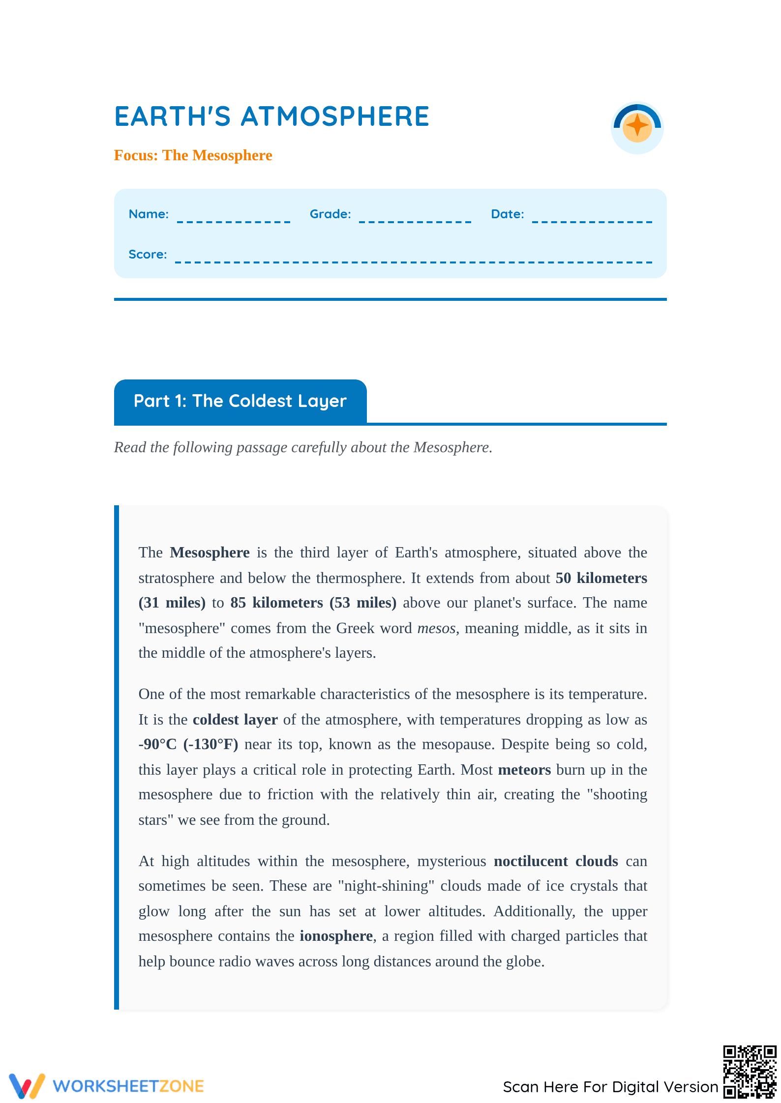 Printable Mesosphere Worksheet | Grade 6-8 Science - Page 1