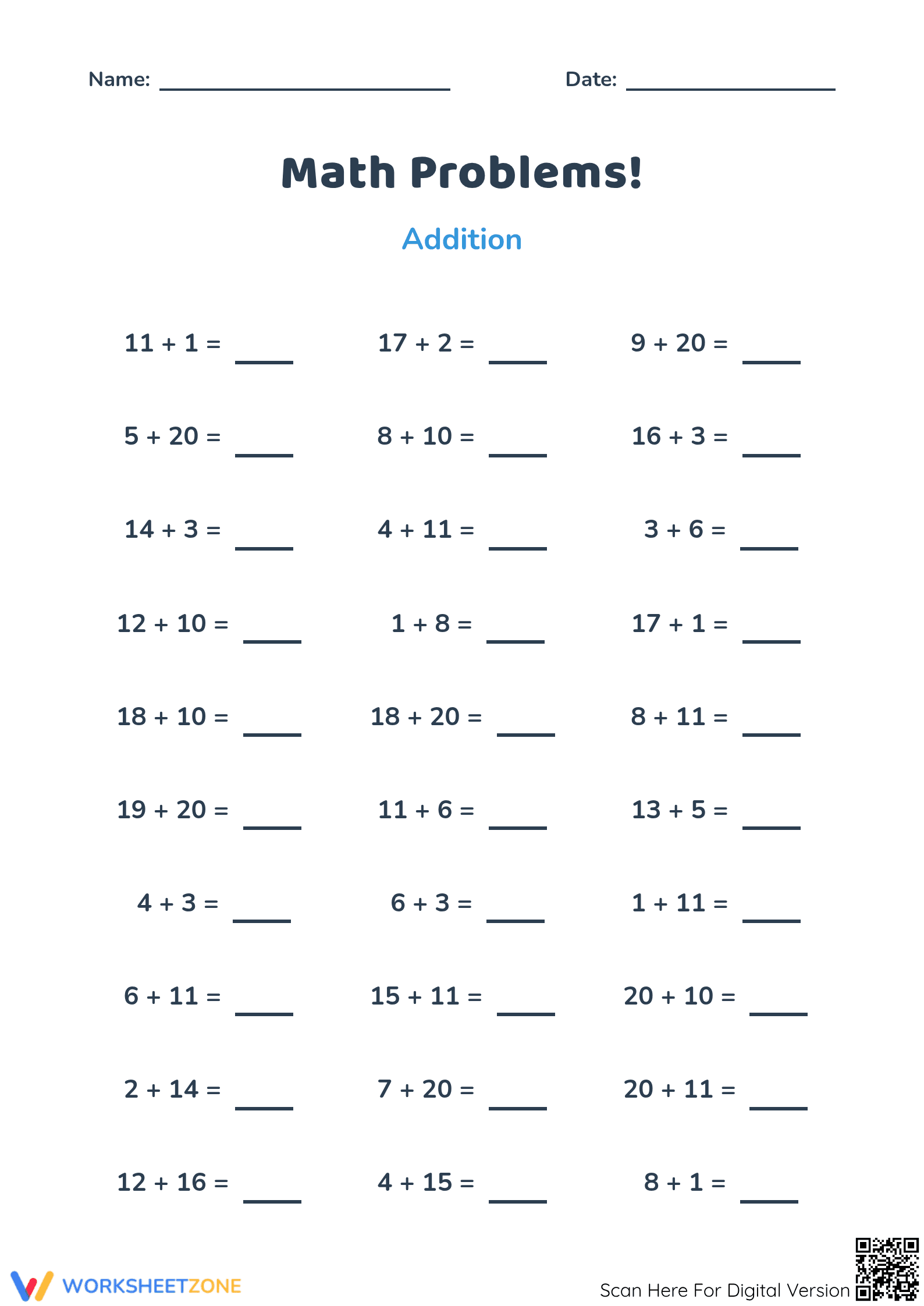 Math Problems - Addition # 3 - Page 1