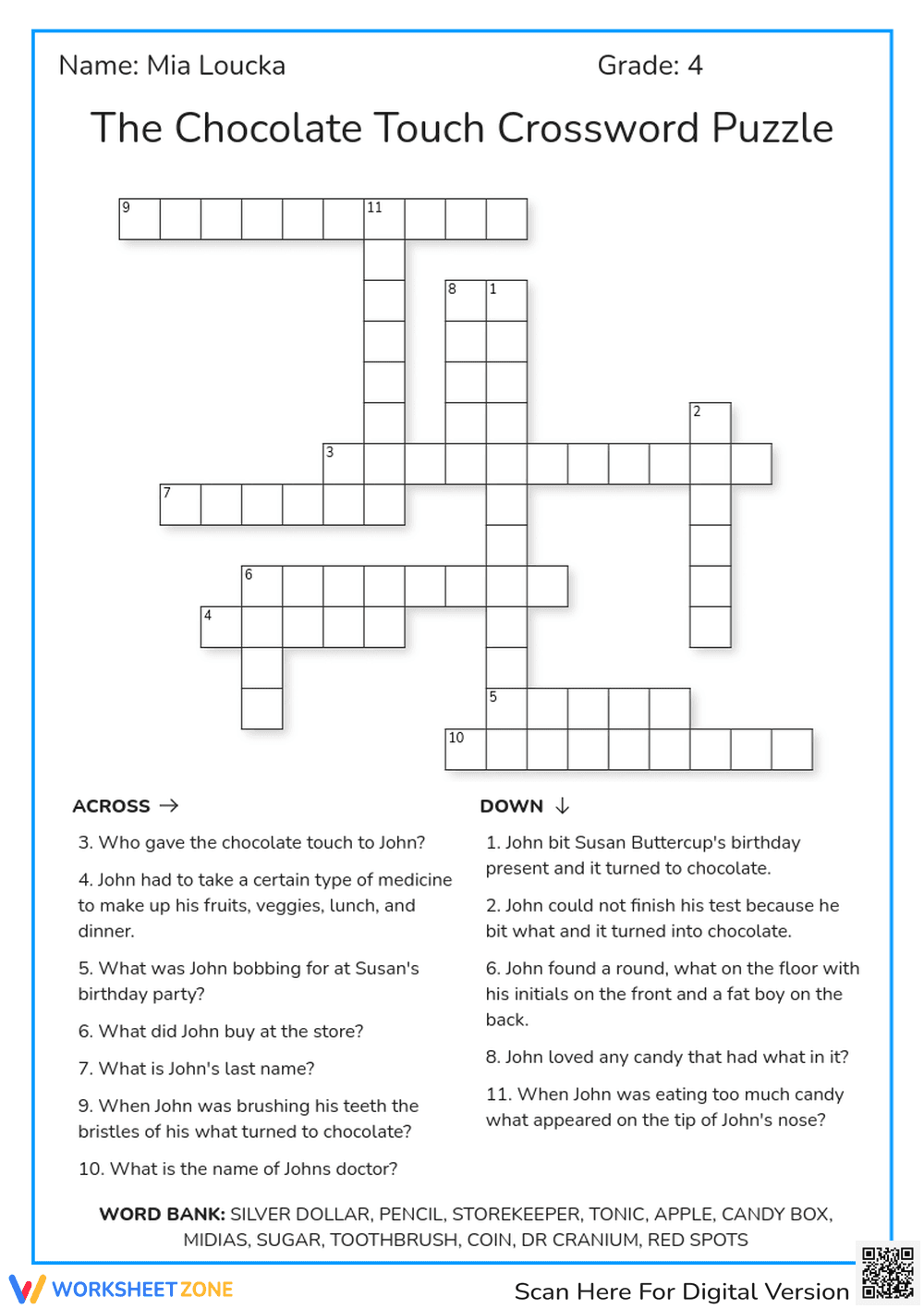 Printable Chocolate Touch Crossword | Grade 4 ELA - Page 1