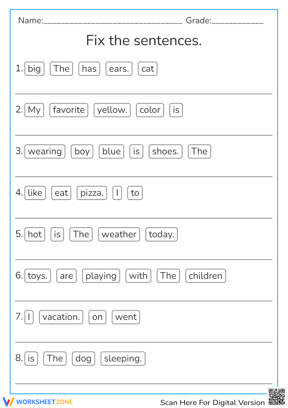 Fix the Sentences Worksheet | Grade 1 Essential ELA - Page 1