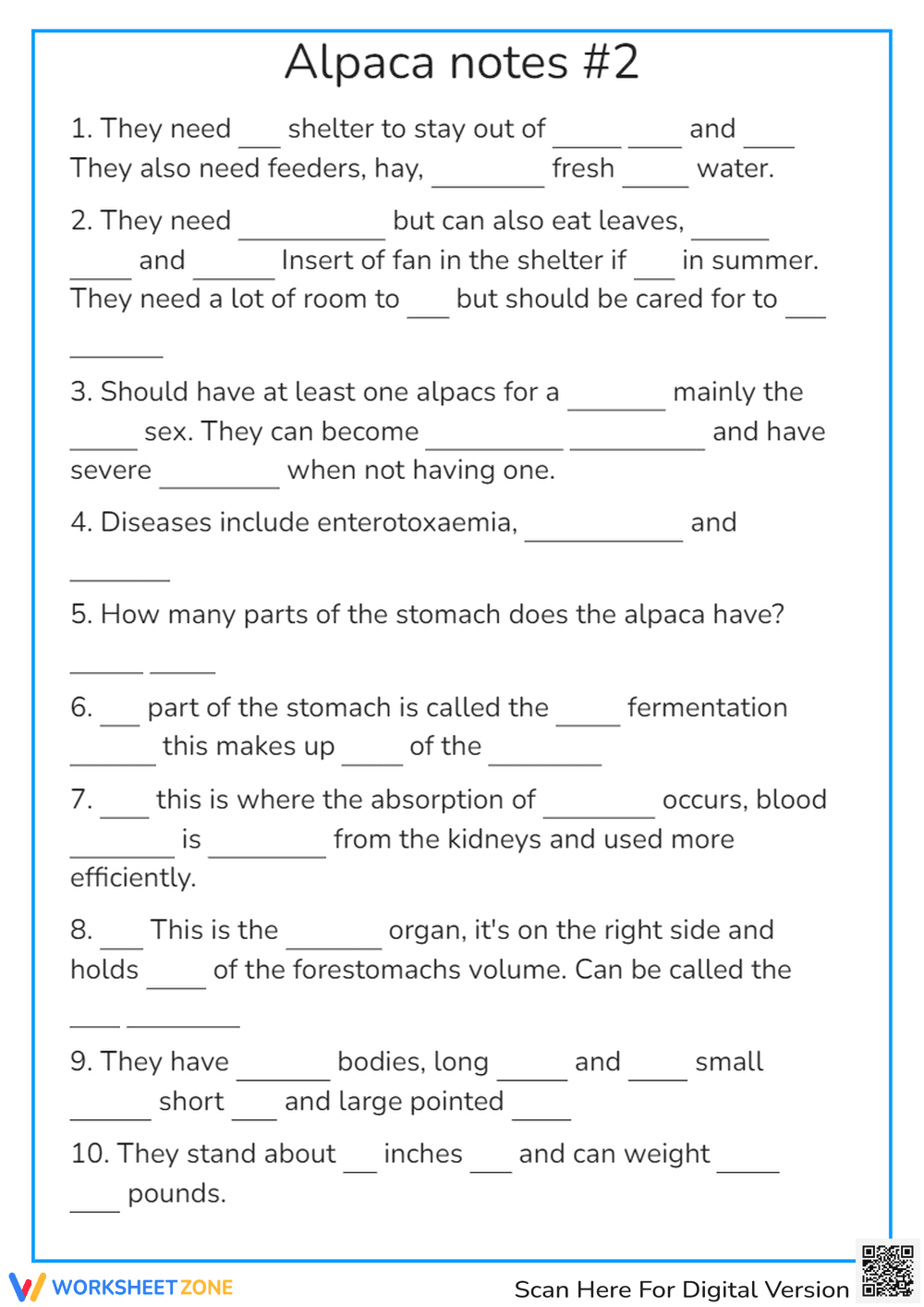 Alpaca Biology Notes Worksheet | Grade 10 Printable - Page 1