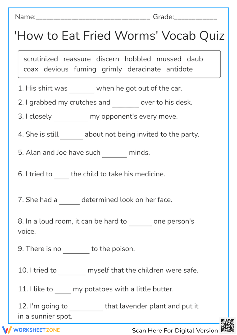 How to Eat Fried Worms Vocab Quiz | Grade 6 Printable - Page 1