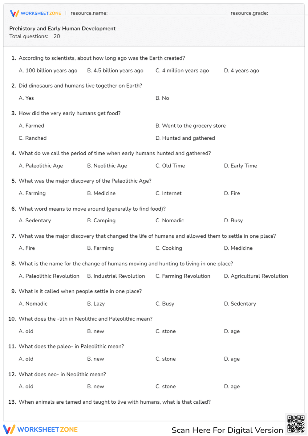 Prehistory & Early Human Development Quiz - Page 1