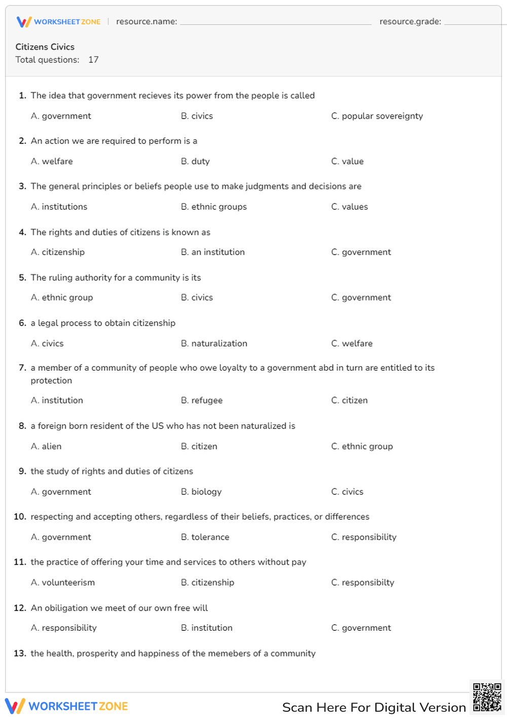 Civics and Citizenship Quiz: Rights and Duties - Page 1