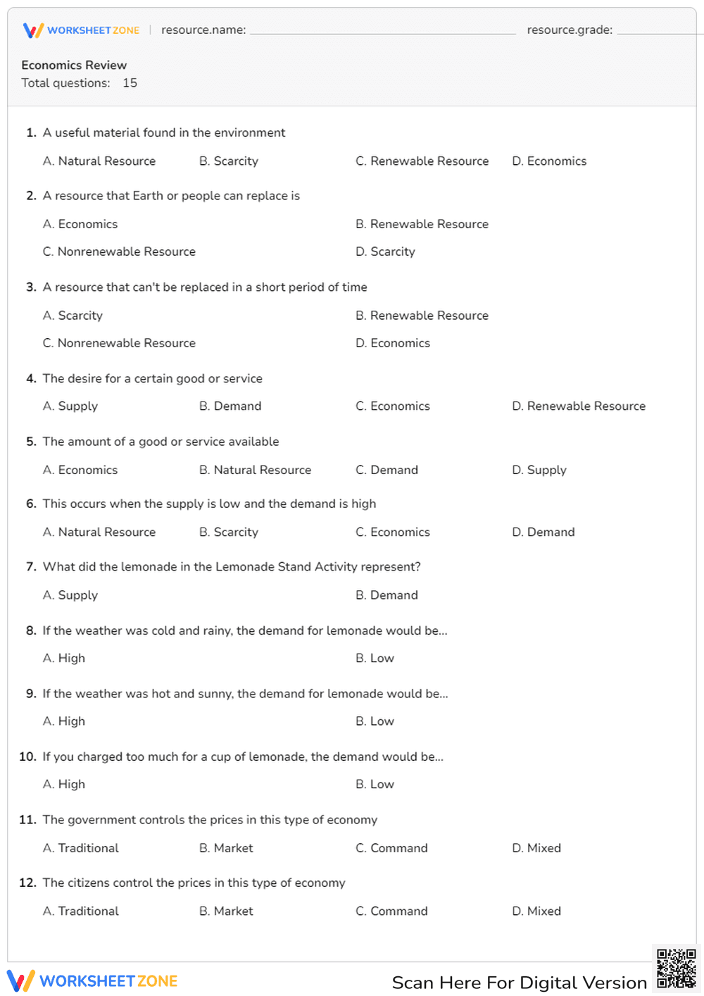 Grade 8 Economics Review — Printable No-Prep Worksheet - Page 1