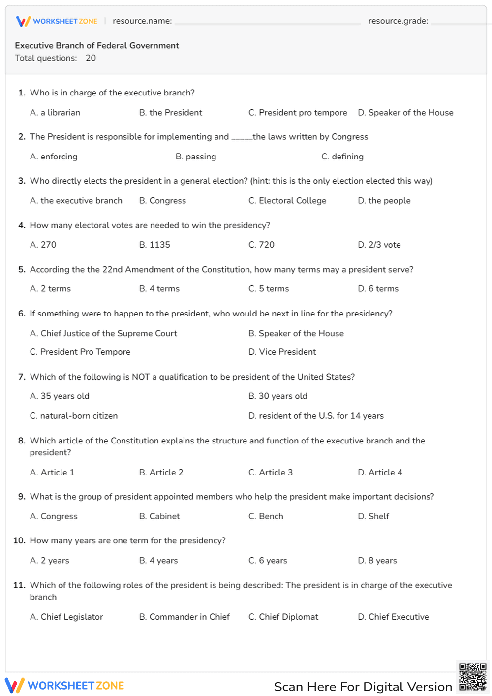 Executive Branch Quiz: President's Role & Powers - Page 1