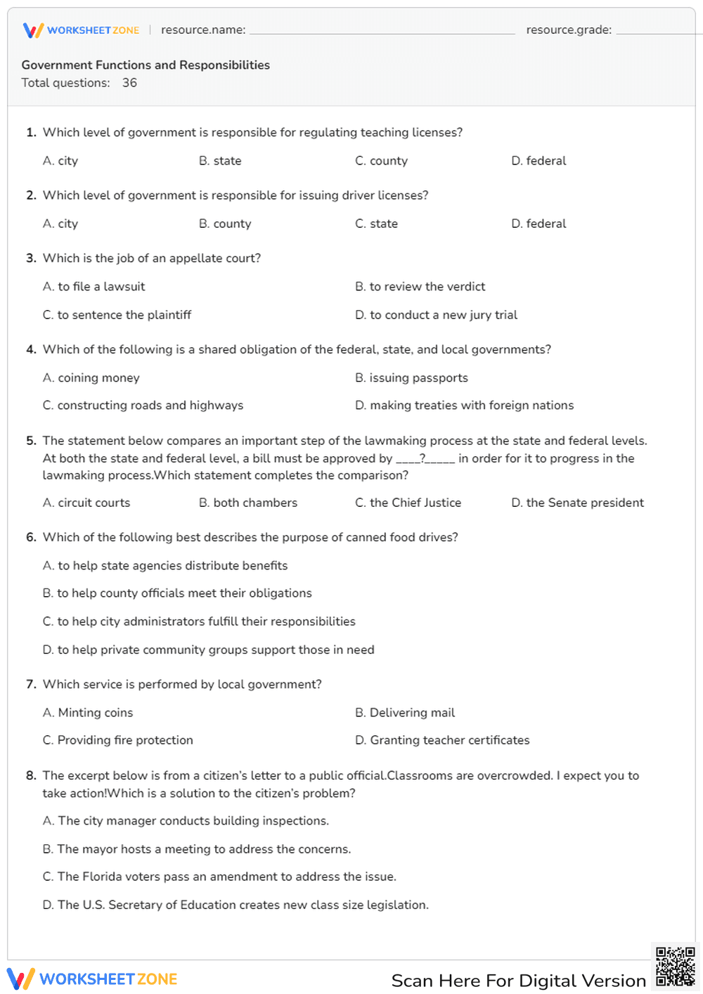 Grade 7 Government Functions — Printable No-Prep Worksheet - Page 1