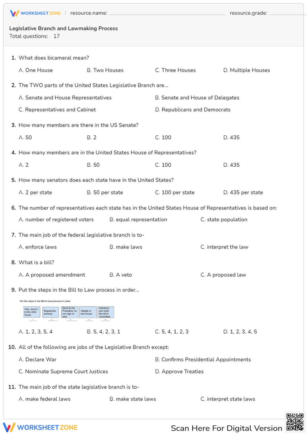 Legislative Branch Quiz | Grade 7 Printable Worksheet - Page 1