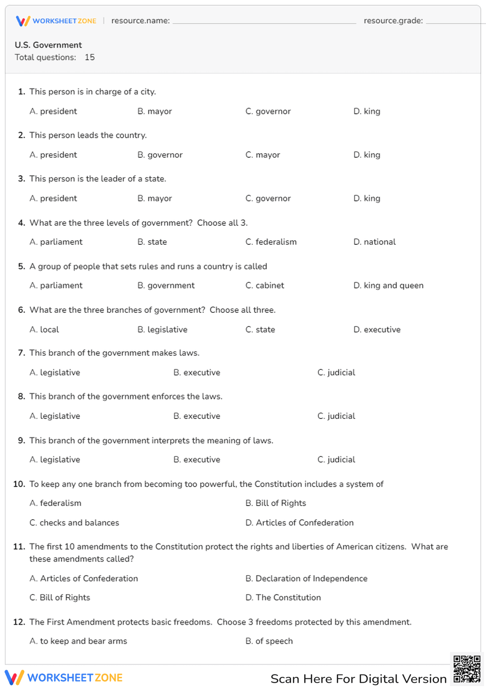 Government and Constitution Quiz Worksheet - Page 1