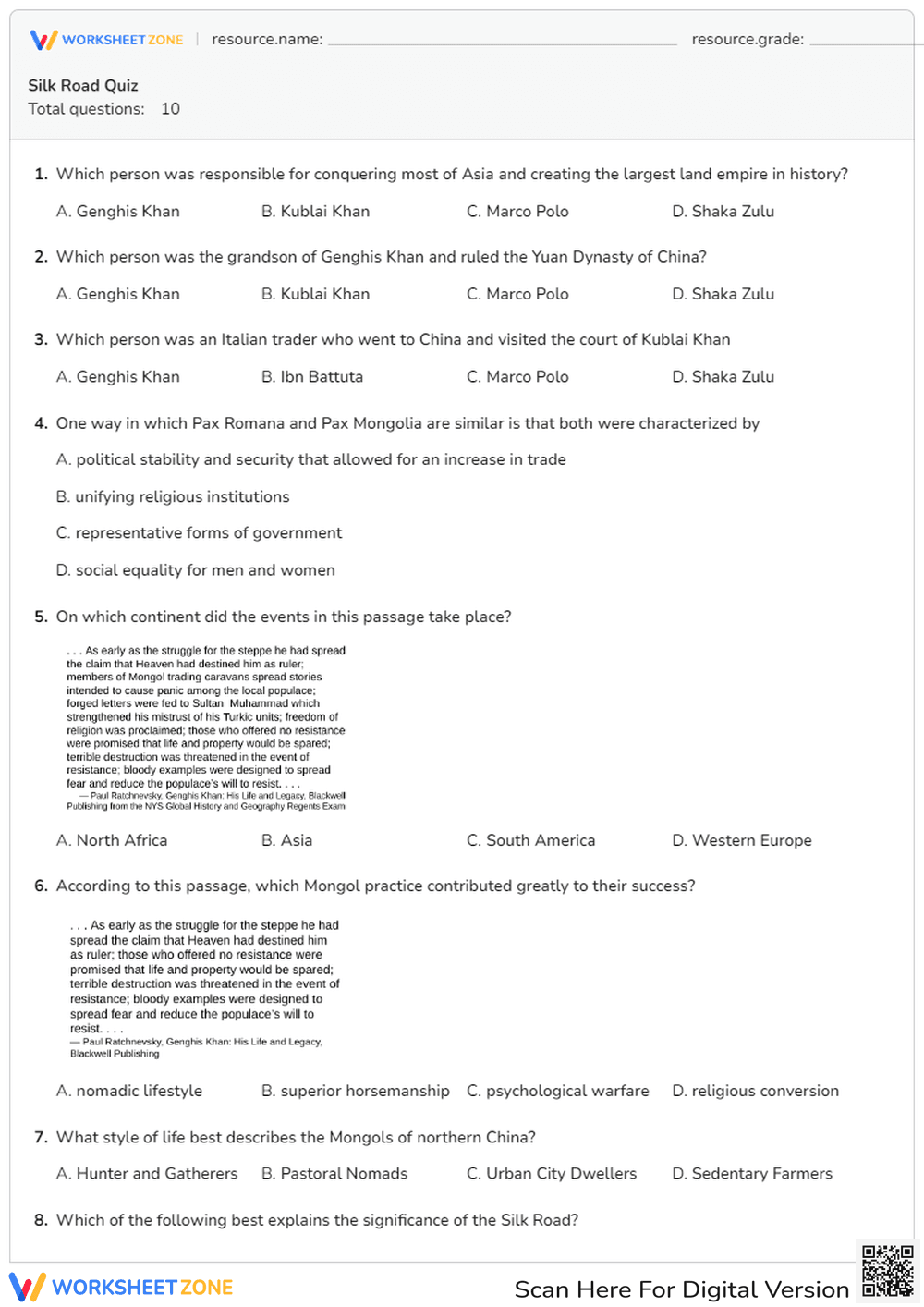 Silk Road Quiz | Grade 9 Essential History Worksheet - Page 1