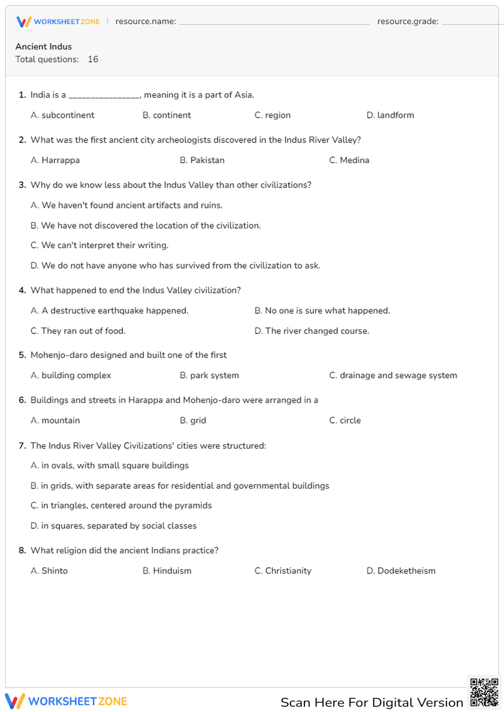 Ancient Indus Valley Quiz | Essential Grade 6-8 History - Page 1
