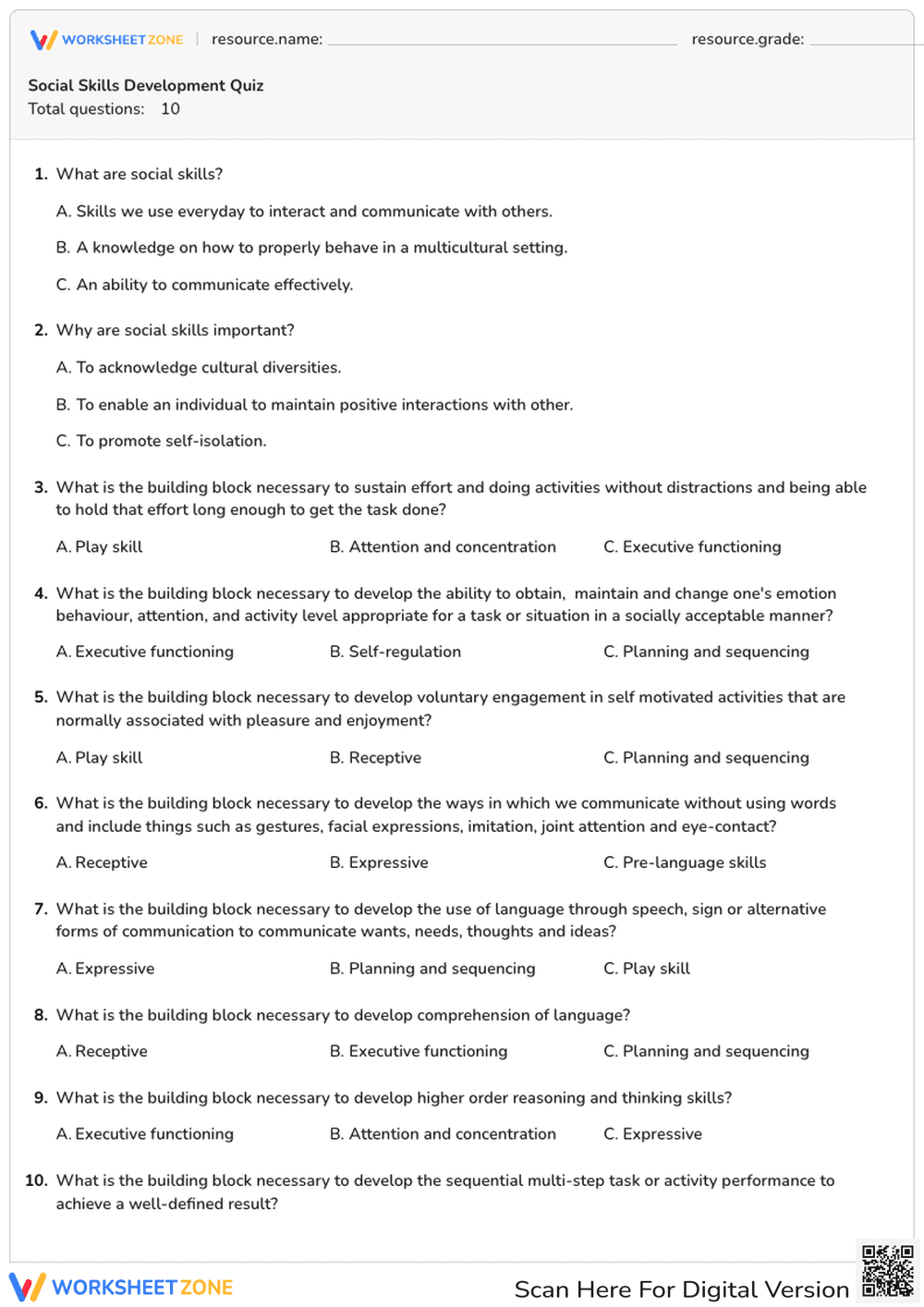 Social Skills Development Quiz | Grade 6-8 Printable - Page 1