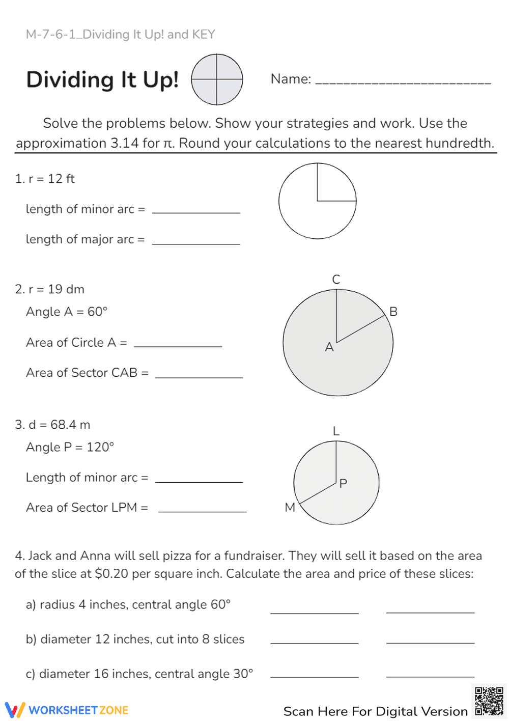 Circle Geometry: Arcs, Sectors & Area Worksheet - Pizza Math! - Page 1