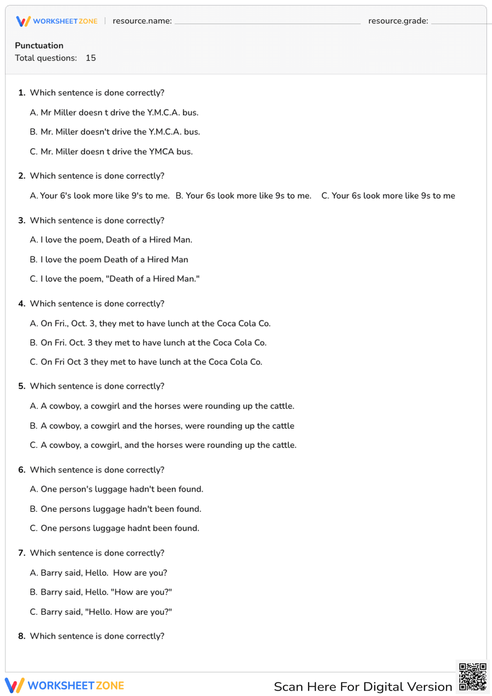 Grade 3 Punctuation — Printable No-Prep Worksheet - Page 1