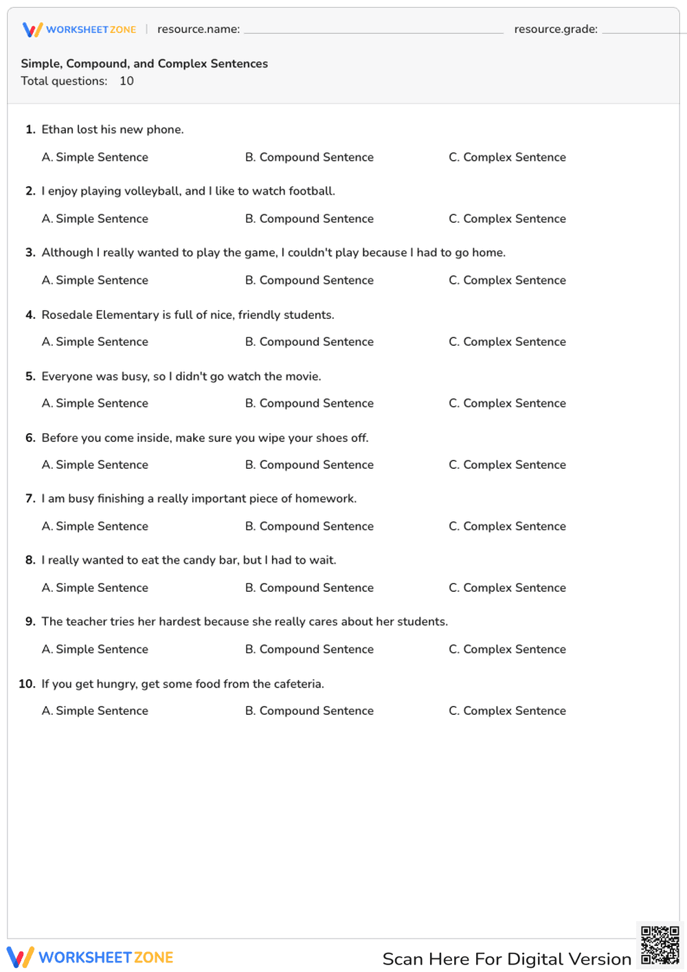 Sentence Structure Worksheet | Grade 7 Essential - Page 1