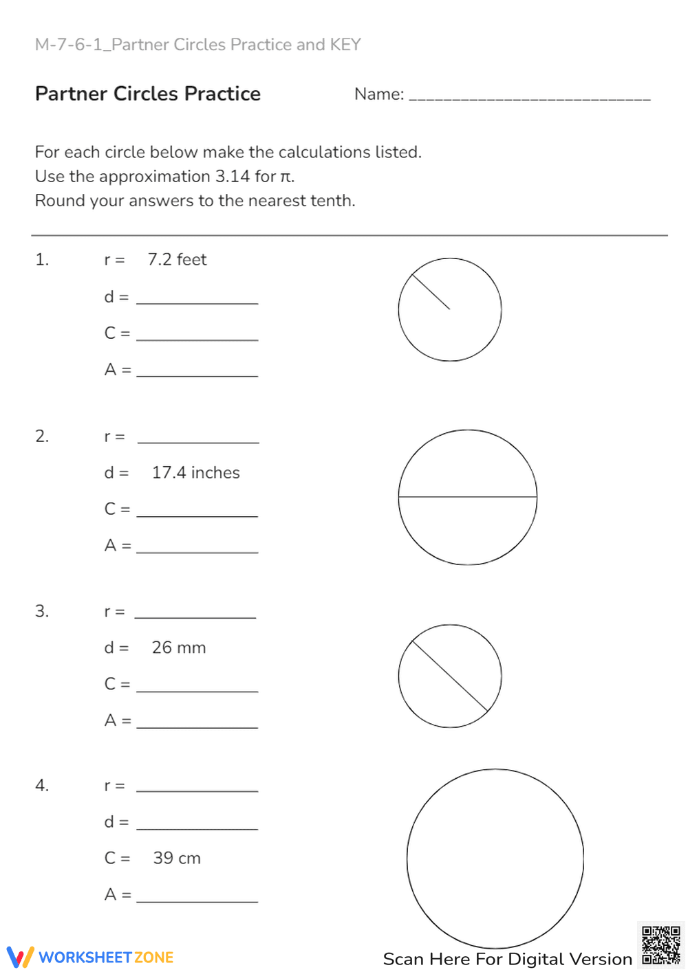 Circle Area & Circumference Practice - Math Worksheet (Grades 6-8) - Page 1