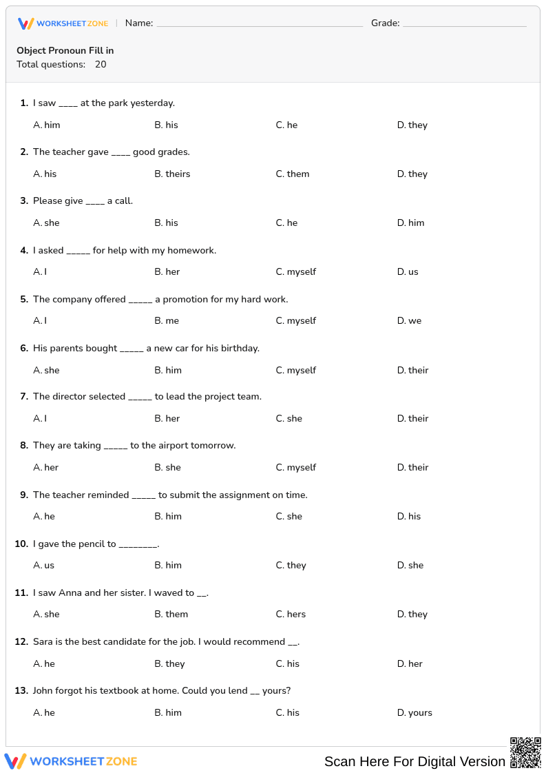 Object Pronoun Fill in - Page 1