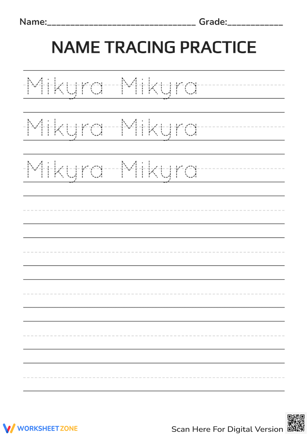 Mikyra Name Tracing Worksheet | Essential Grade K-1 - Page 1