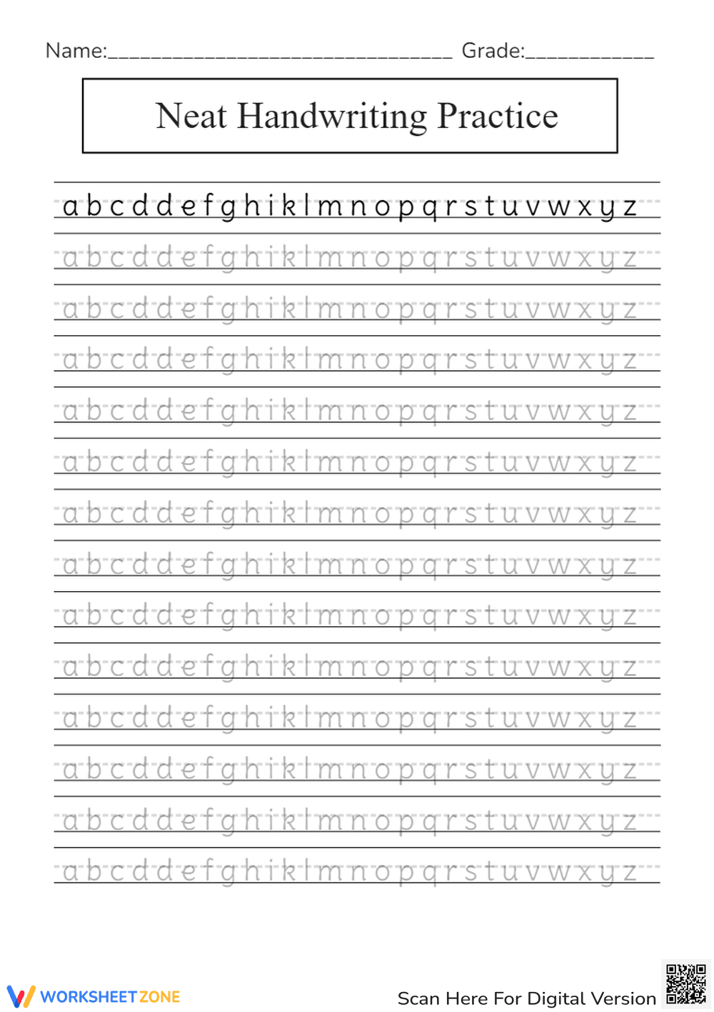 Neat Handwriting Practice Worksheet - Alphabet - Page 1