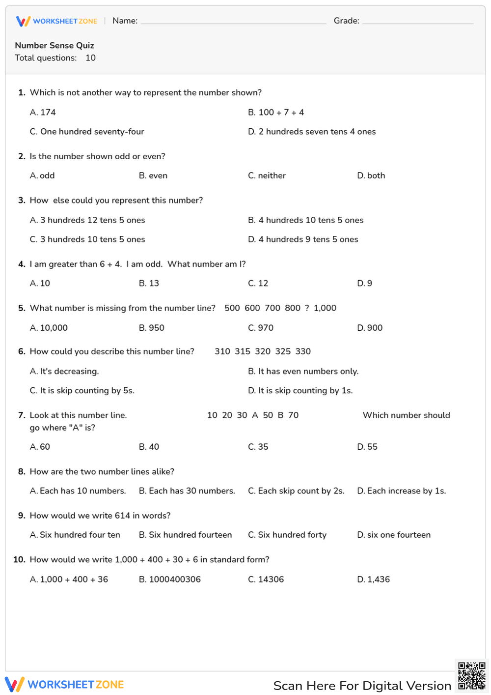 Number Sense Quiz - Page 1