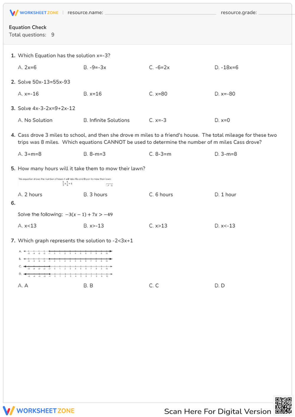 Equation Check Worksheet | Grade 9-11 Essential Math - Page 1