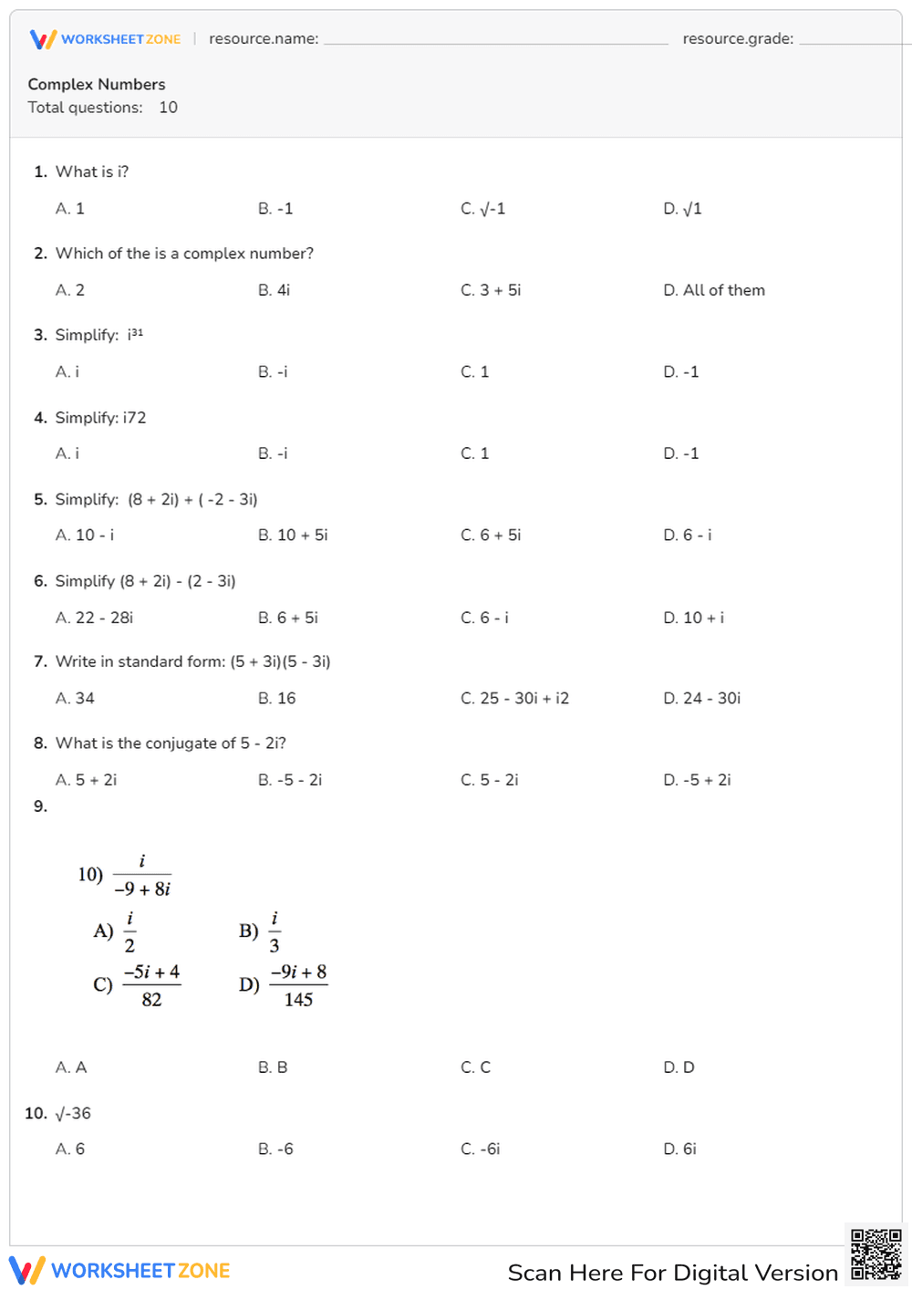 Complex Numbers Practice - Page 1