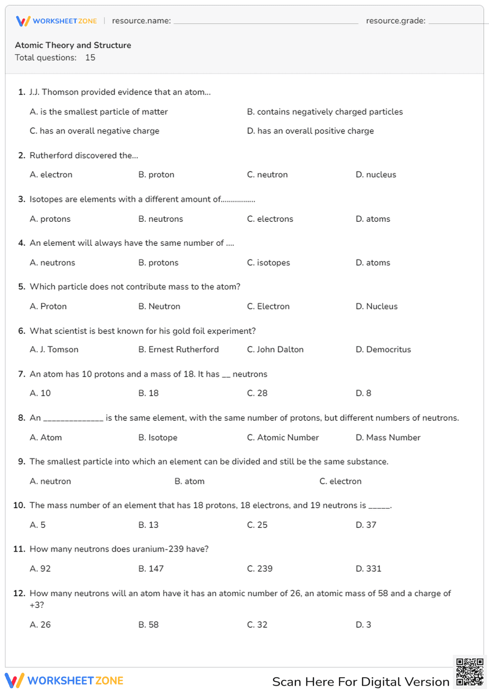 Atomic Theory and Structure Worksheet | Grade 8 Essential - Page 1