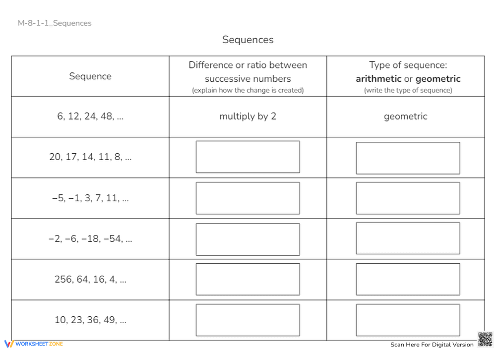 Arithmetic & Geometric Sequences - Math Worksheet Practice - Page 1
