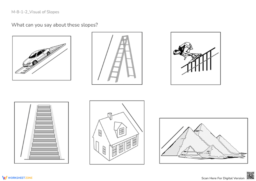 Visual Slopes Math Worksheet: Real-World Slope Analysis for Grades 6-8 - Page 1