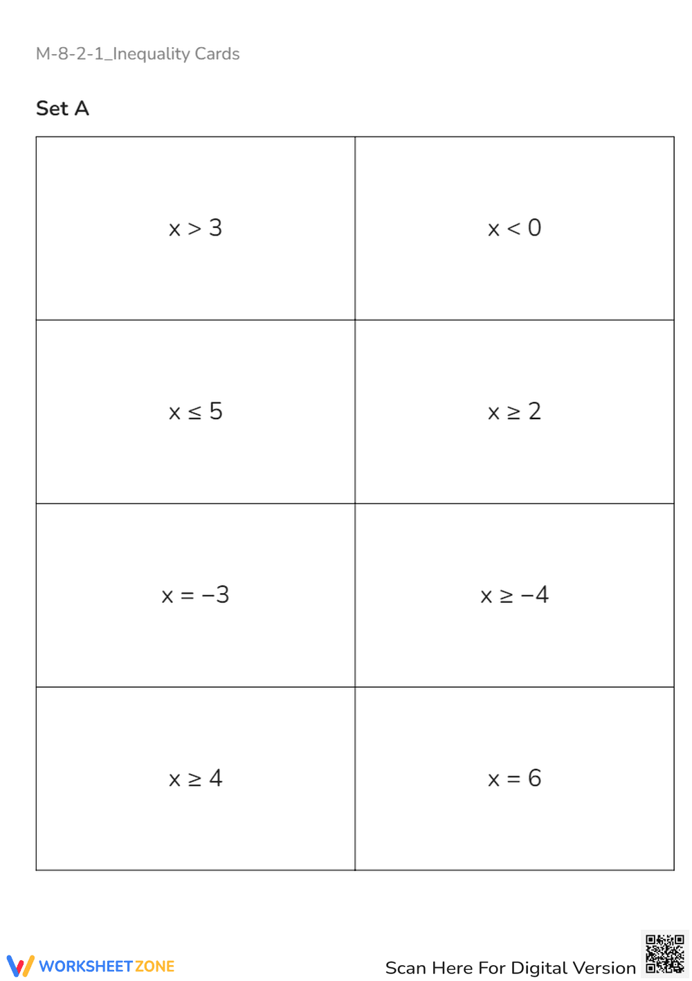 Exploring Inequalities: Hands-On Card Activity for Math M-8-2-1 - Page 1