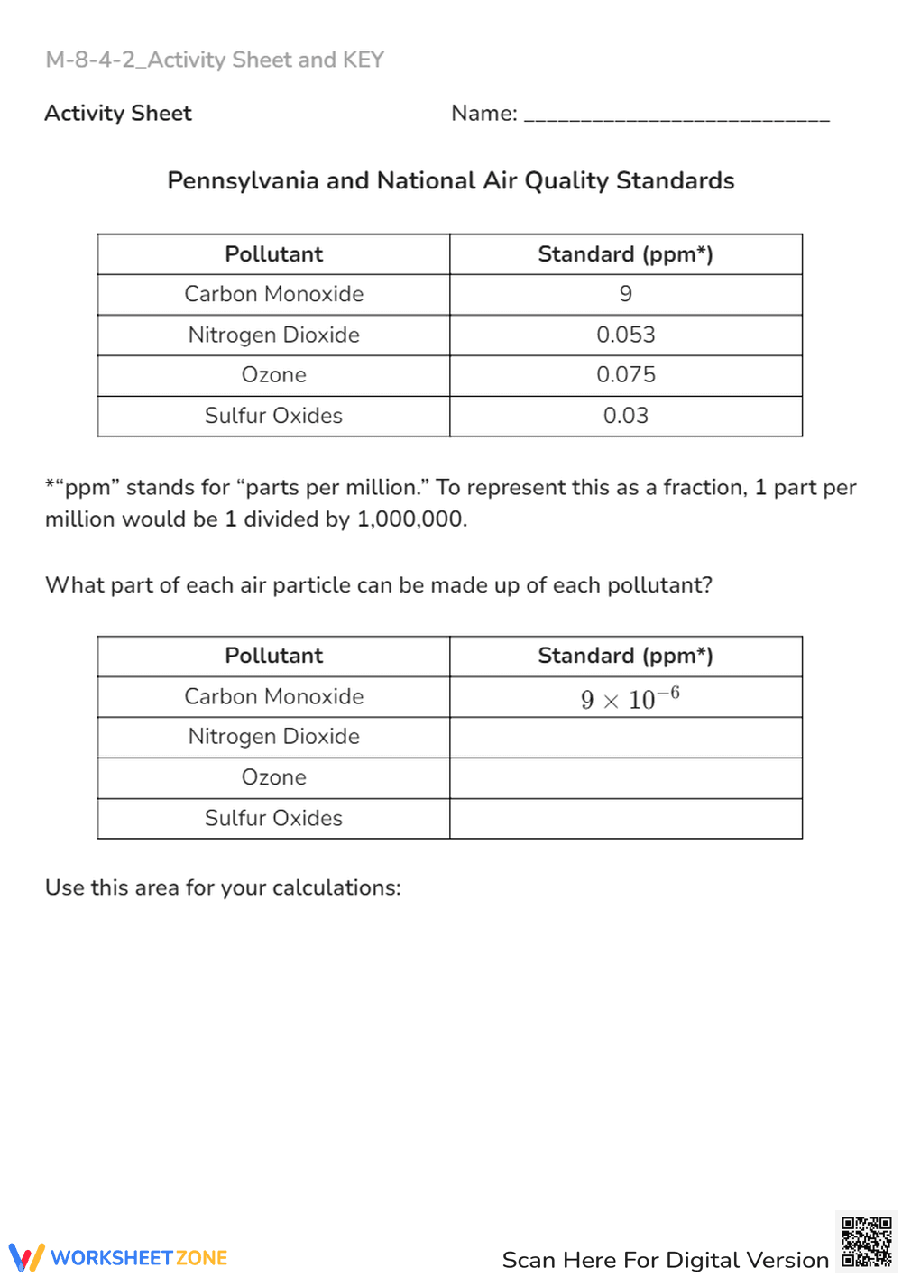 Air Quality Standards Worksheet - Calculate Pollutant Levels - Page 1