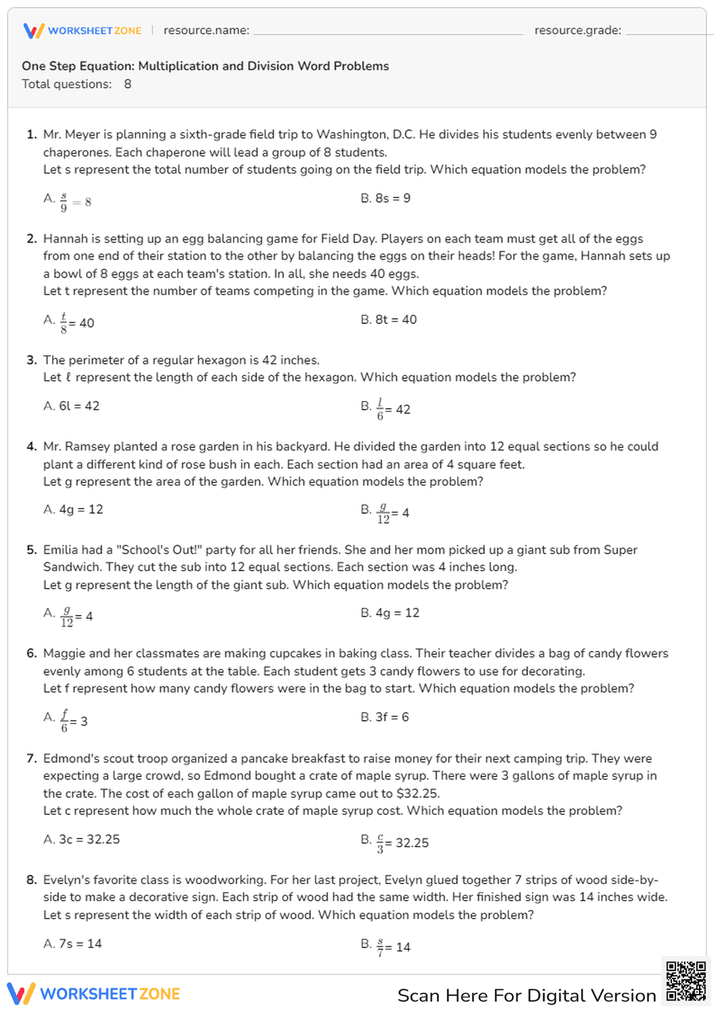 One Step Multiplication and Division Equation: Word Problems - Page 1