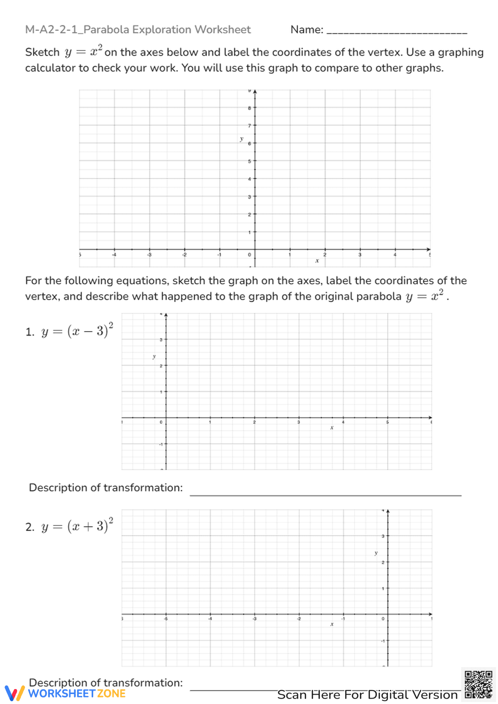 Parabola Transformations Worksheet - Graphing & Vertex Practice - Page 1