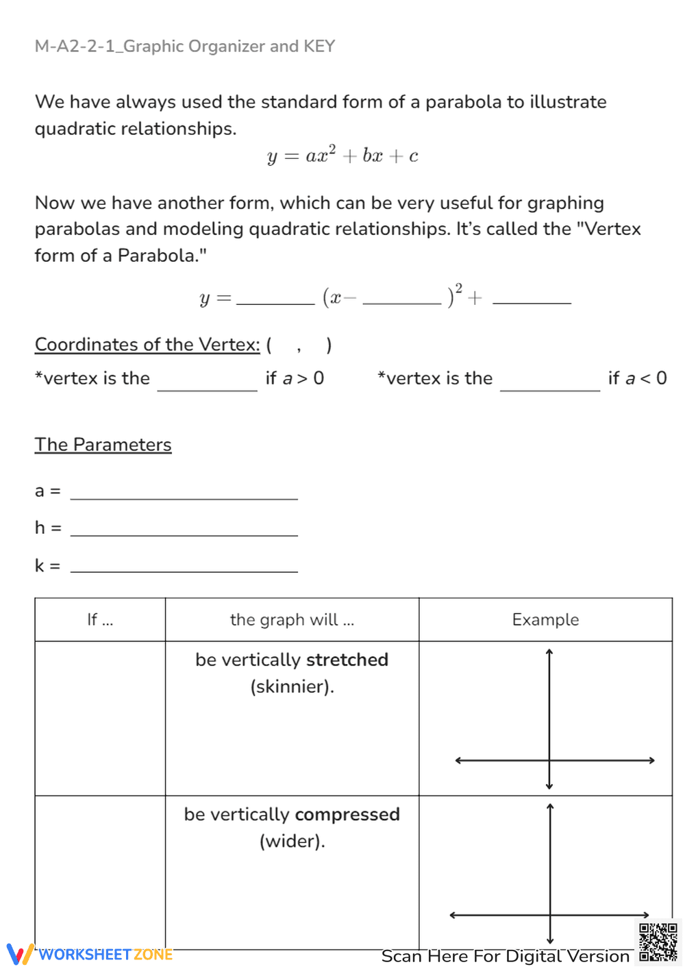 Parabola Vertex Form Graphic Organizer - Algebra 2 Worksheet - Page 1