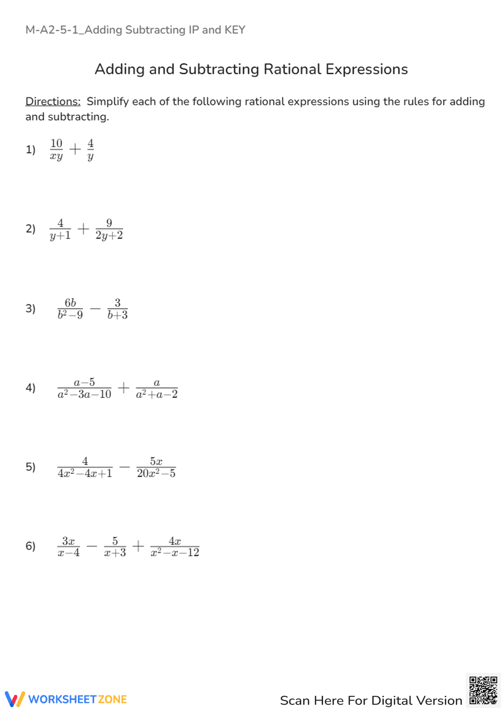 Algebra 2: Adding & Subtracting Rational Expressions Practice - Page 1