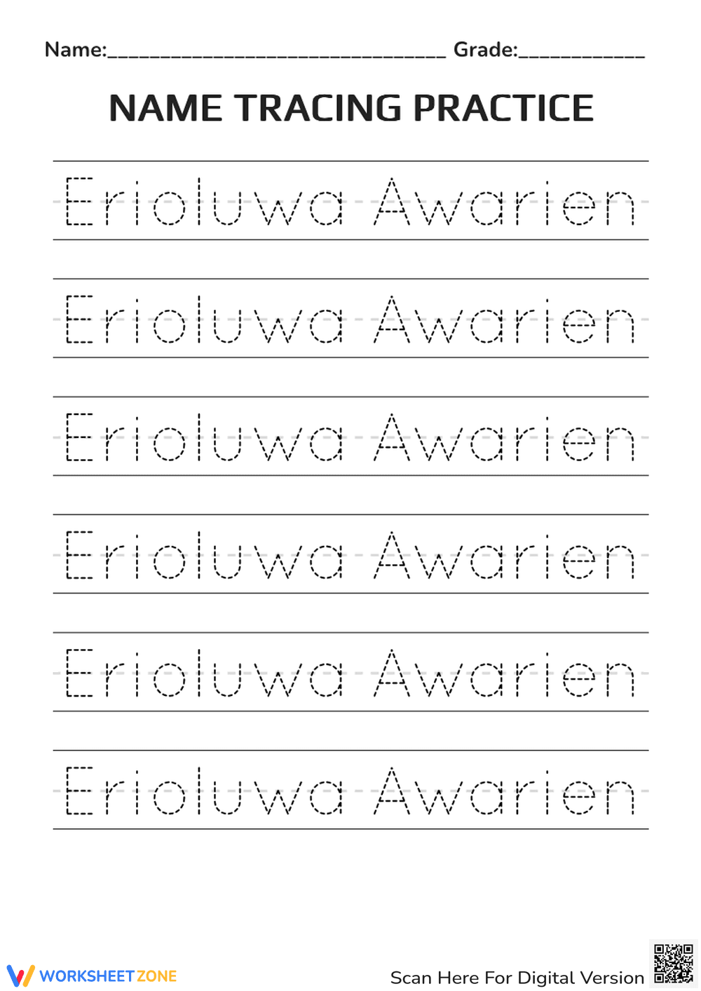 Erioluwu Awarien Name Tracing | Essential Grade 1-2 Practice - Page 1