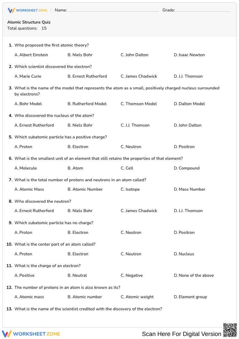 Atomic Structure Quiz | Grade 8 Science Essential - Page 1