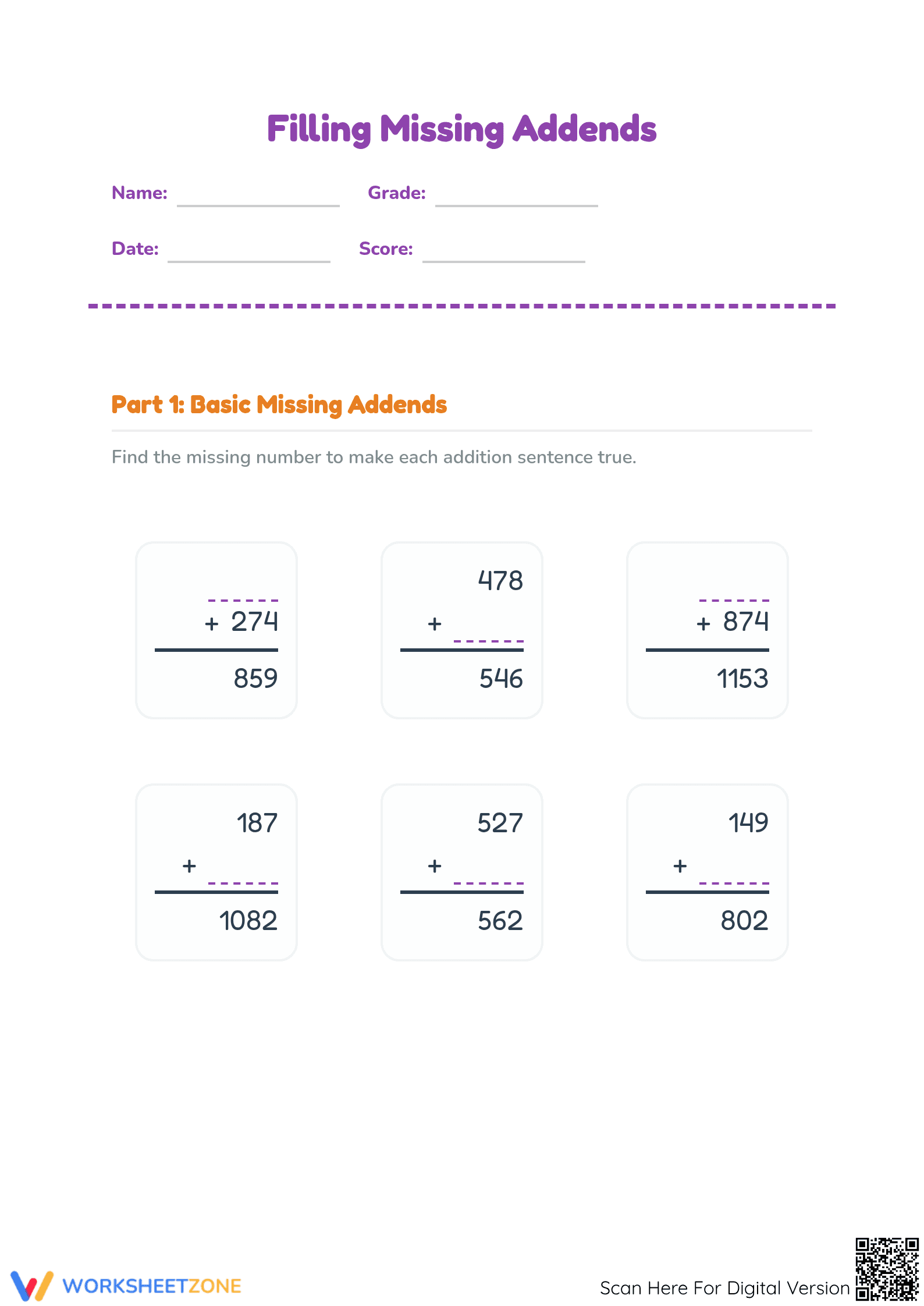 Missing Addends Worksheet | Grade 3 Math Printable - Page 1