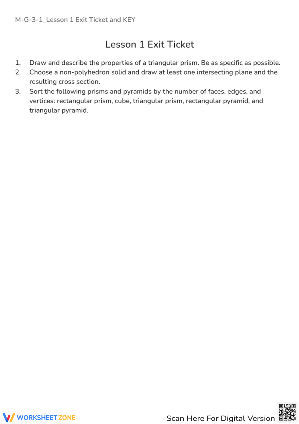 3D Geometry Exit Ticket: Prisms, Pyramids, Faces, Edges & Vertices - Page 1