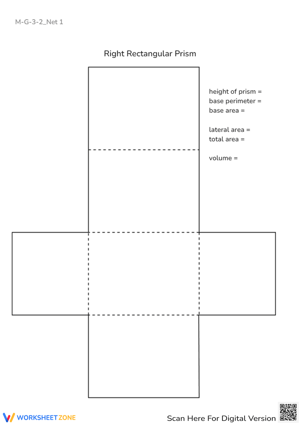Right Rectangular Prism Net - Area & Volume Math Worksheet - Page 1