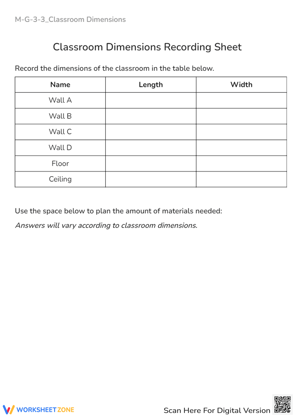 Classroom Dimensions Measurement Worksheet - Grades 3-5 Math - Page 1