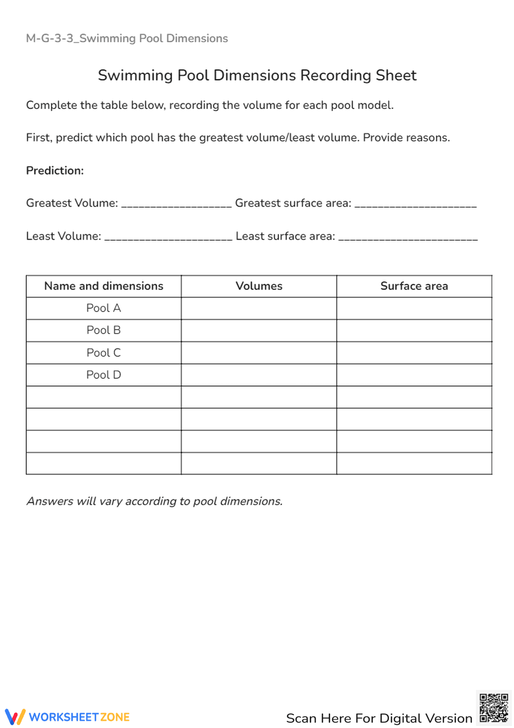 Swimming Pool Volume & Surface Area: Math Worksheet (Grades 6-8) - Page 1