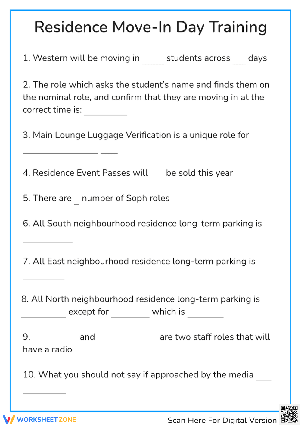 Residence Move-In Day Training Worksheet - Page 1
