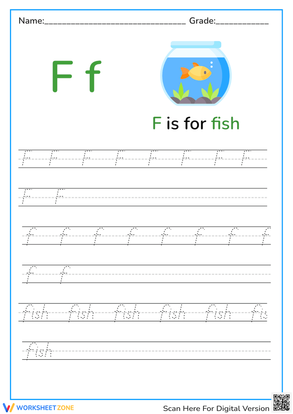 Letter F Tracing Worksheet - 'F is for Fish' Handwriting Practice - Page 1