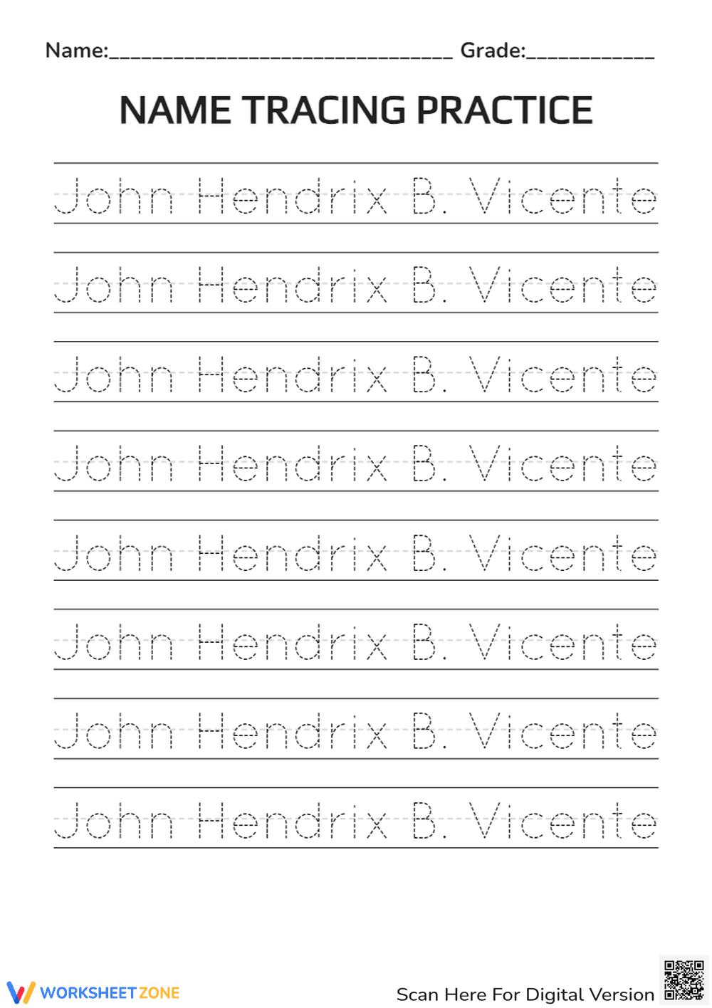 John Hendrix B. Vicente Name Tracing Practice - Page 1