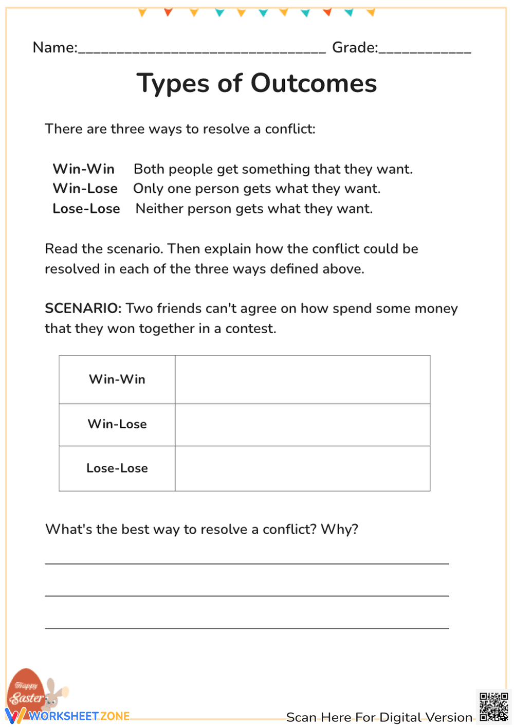 Conflict Resolution Outcomes — Printable Grade 10-12 Sheet - Page 1